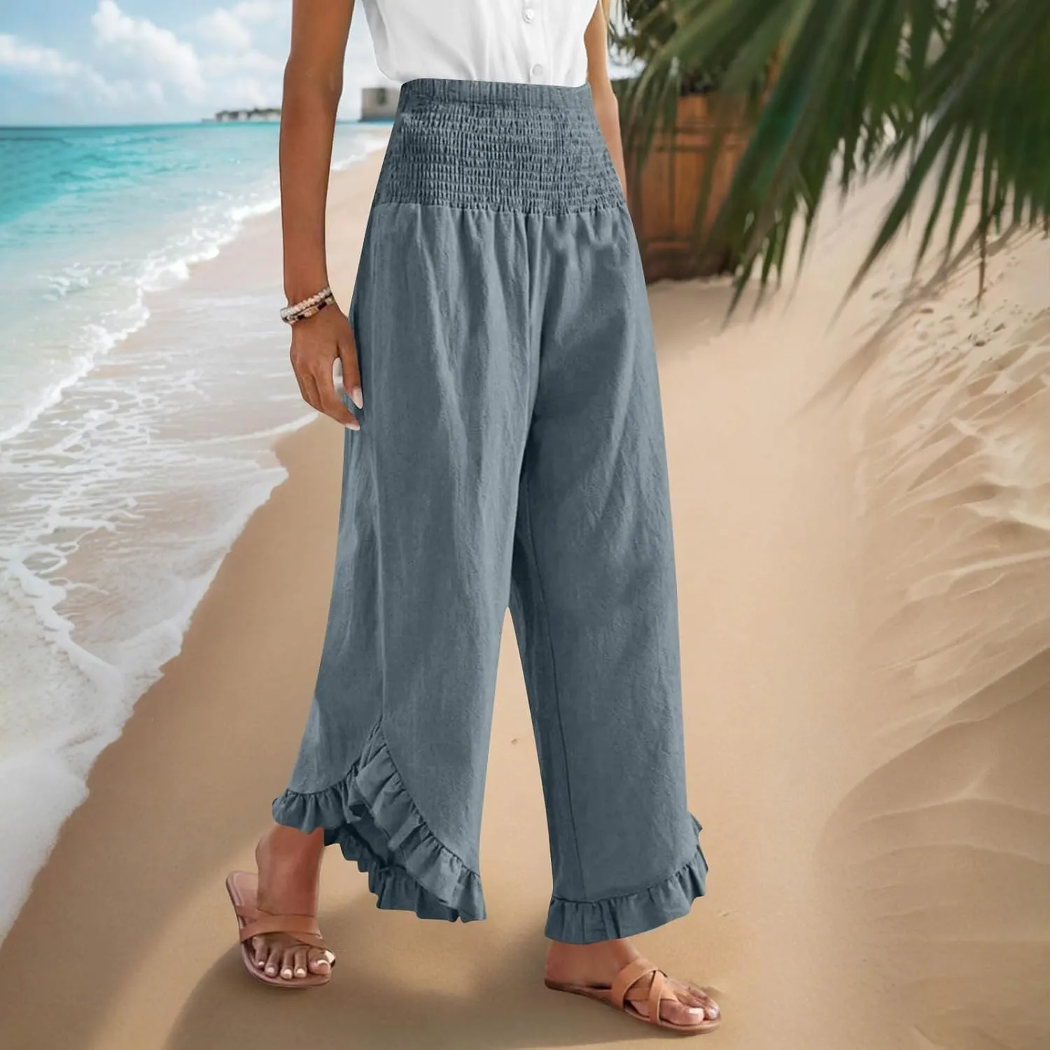 Summer Linen Pants Women Wide Leg Ruffle Hem Pants High Waisted Palazzo Trousers Boho Flowy Beach Pant with Pocket