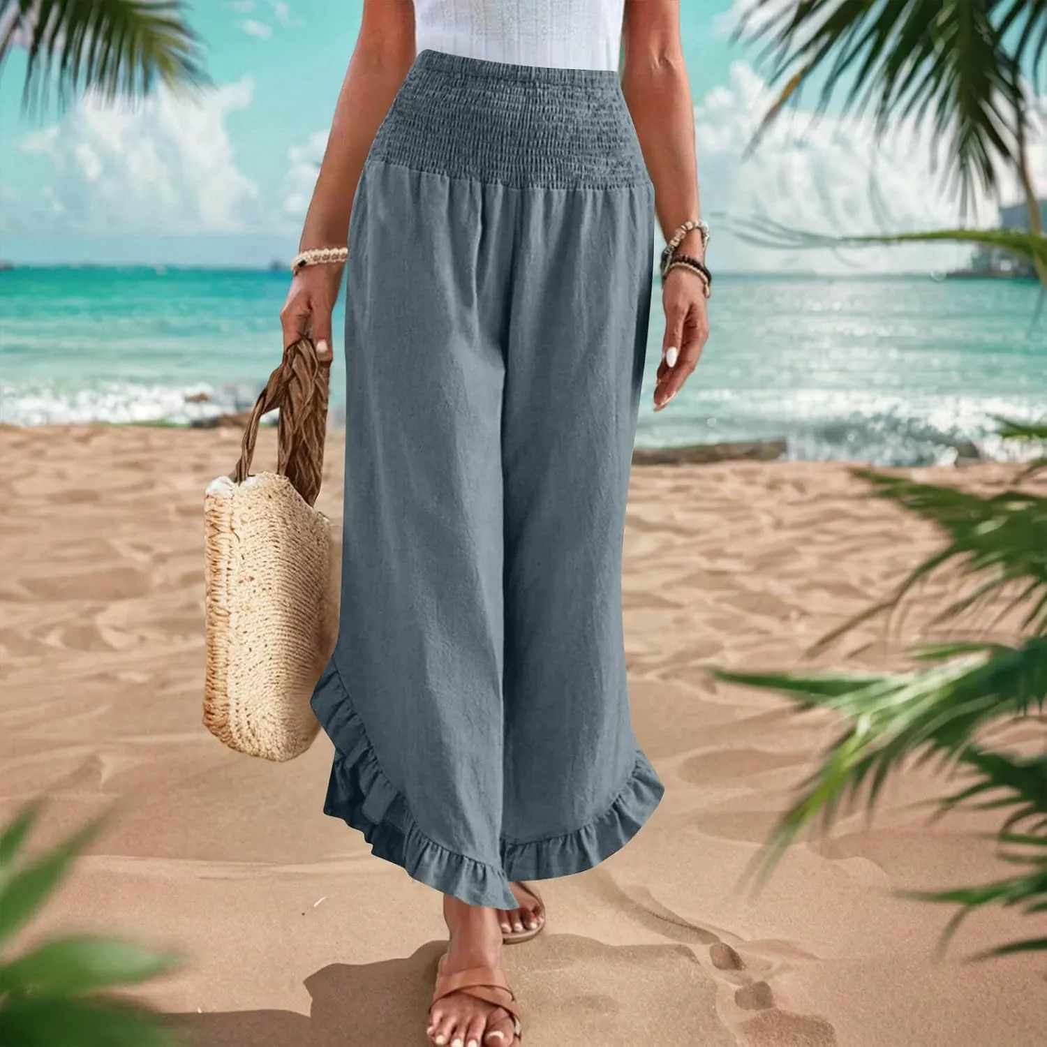 Summer Linen Pants Women Wide Leg Ruffle Hem Pants High Waisted Palazzo Trousers Boho Flowy Beach Pant with Pocket