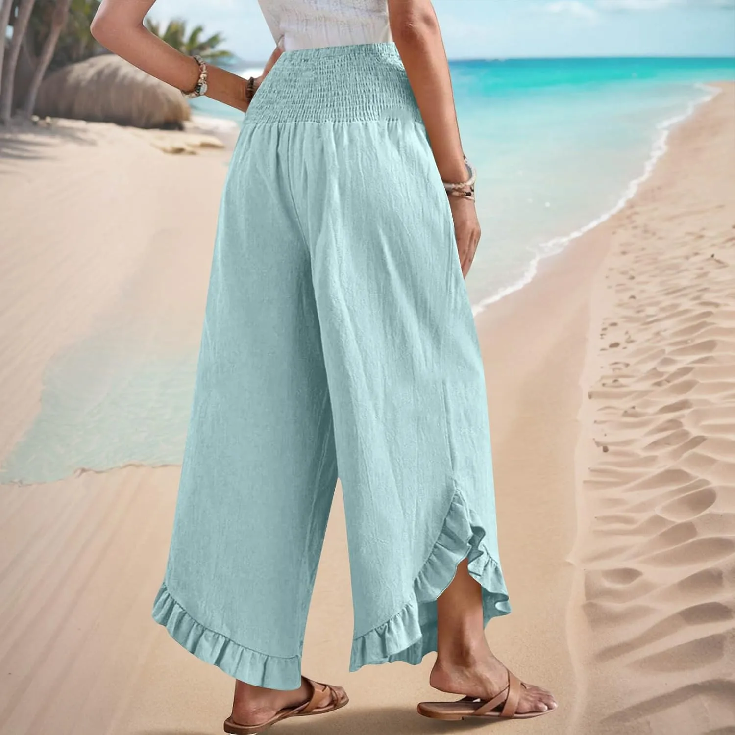 Summer Linen Pants Women Wide Leg Ruffle Hem Pants High Waisted Palazzo Trousers Boho Flowy Beach Pant with Pocket