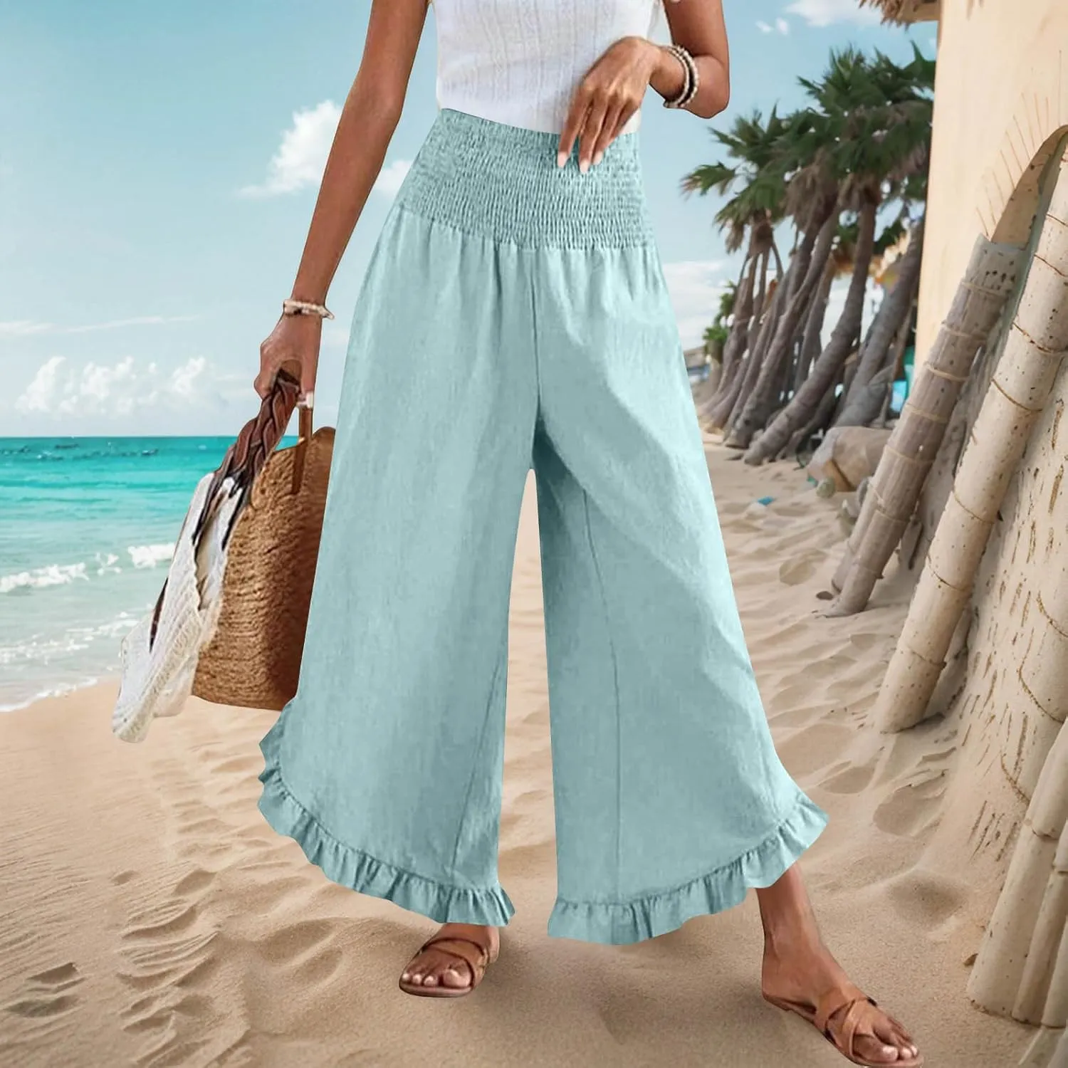 Summer Linen Pants Women Wide Leg Ruffle Hem Pants High Waisted Palazzo Trousers Boho Flowy Beach Pant with Pocket