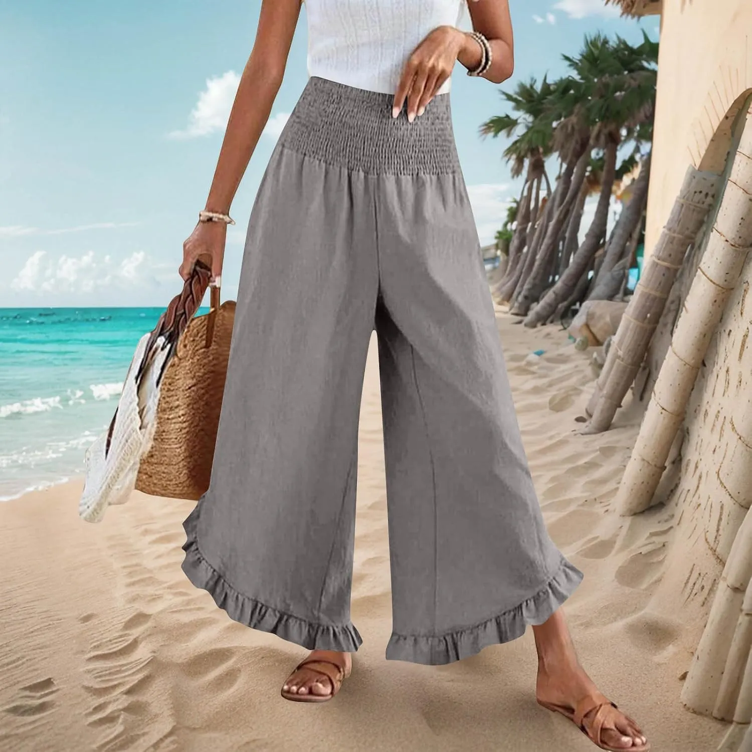 Summer Linen Pants Women Wide Leg Ruffle Hem Pants High Waisted Palazzo Trousers Boho Flowy Beach Pant with Pocket
