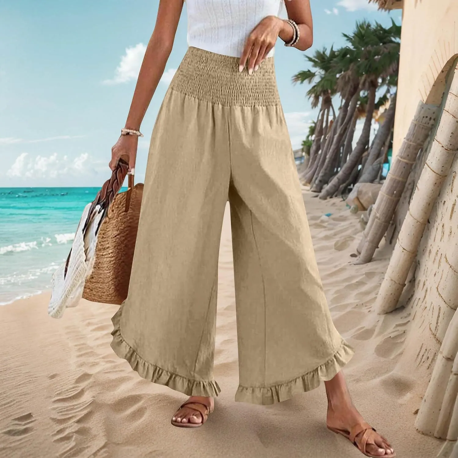 Summer Linen Pants Women Wide Leg Ruffle Hem Pants High Waisted Palazzo Trousers Boho Flowy Beach Pant with Pocket
