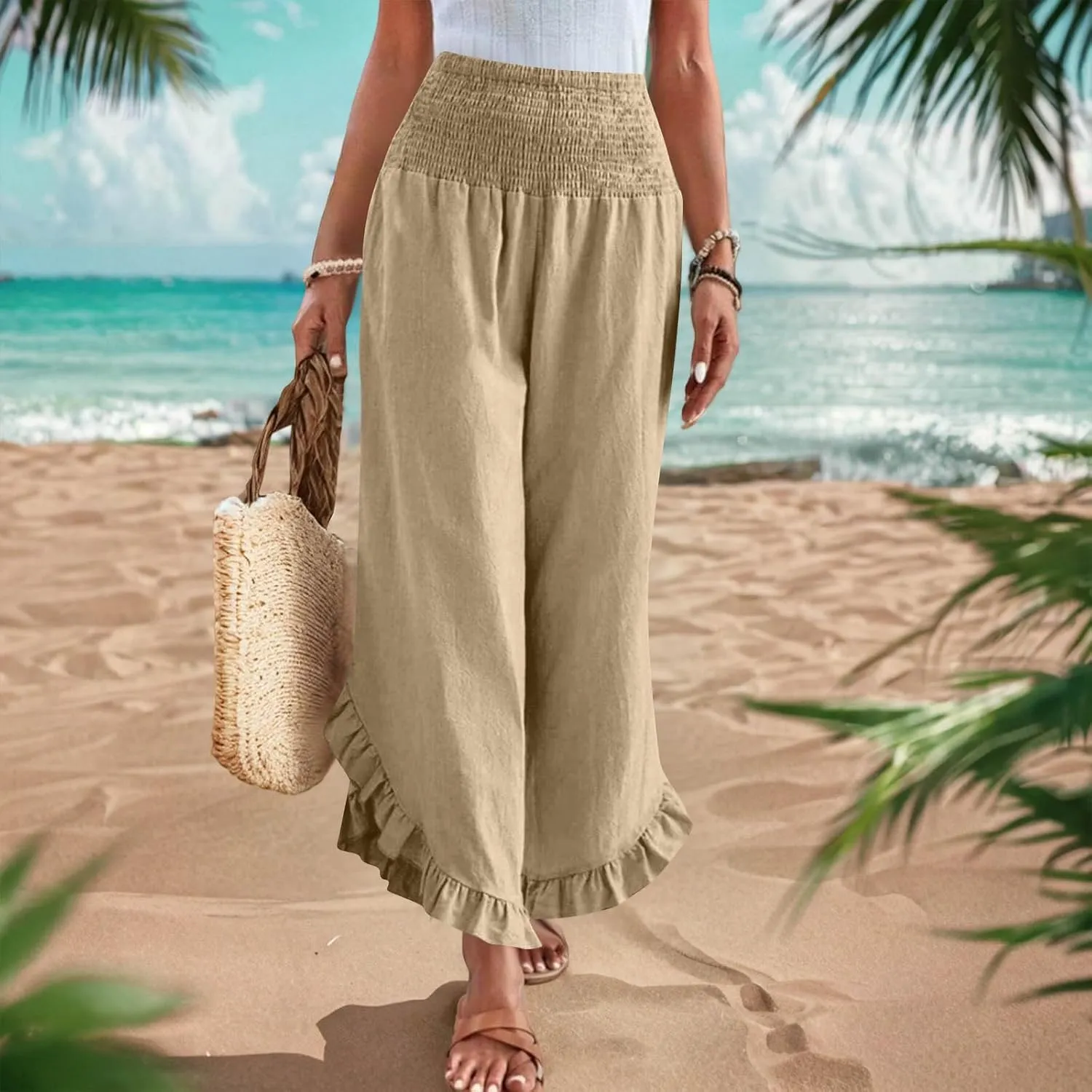 Summer Linen Pants Women Wide Leg Ruffle Hem Pants High Waisted Palazzo Trousers Boho Flowy Beach Pant with Pocket