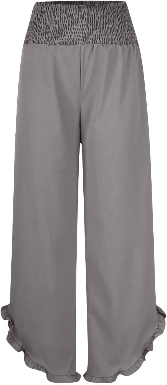 Summer Linen Pants Women Wide Leg Ruffle Hem Pants High Waisted Palazzo Trousers Boho Flowy Beach Pant with Pocket
