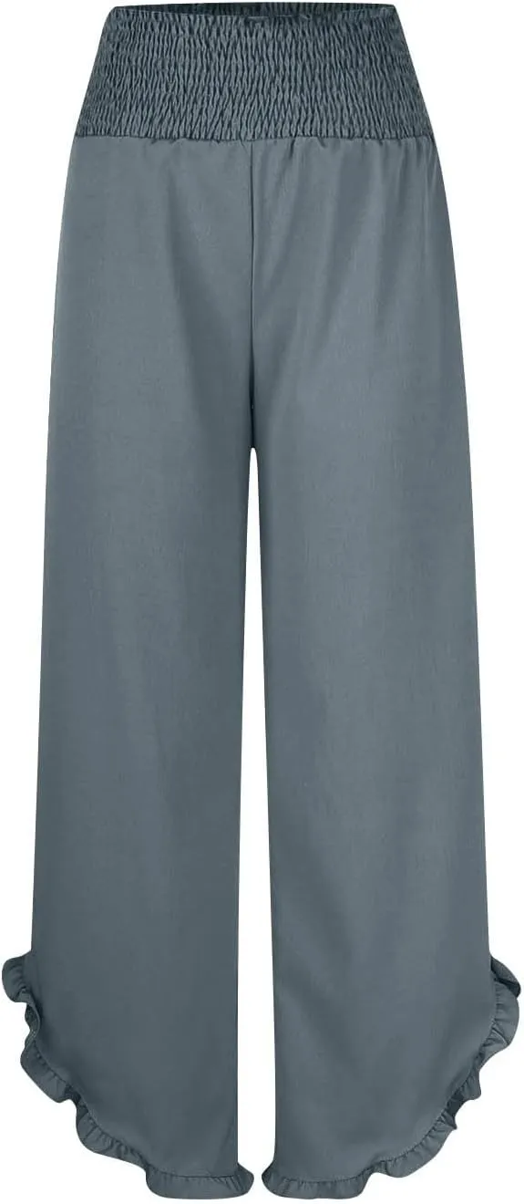 Summer Linen Pants Women Wide Leg Ruffle Hem Pants High Waisted Palazzo Trousers Boho Flowy Beach Pant with Pocket