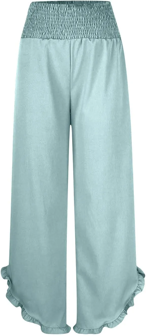 Summer Linen Pants Women Wide Leg Ruffle Hem Pants High Waisted Palazzo Trousers Boho Flowy Beach Pant with Pocket