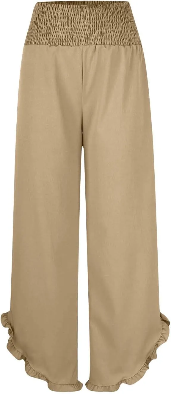 Summer Linen Pants Women Wide Leg Ruffle Hem Pants High Waisted Palazzo Trousers Boho Flowy Beach Pant with Pocket
