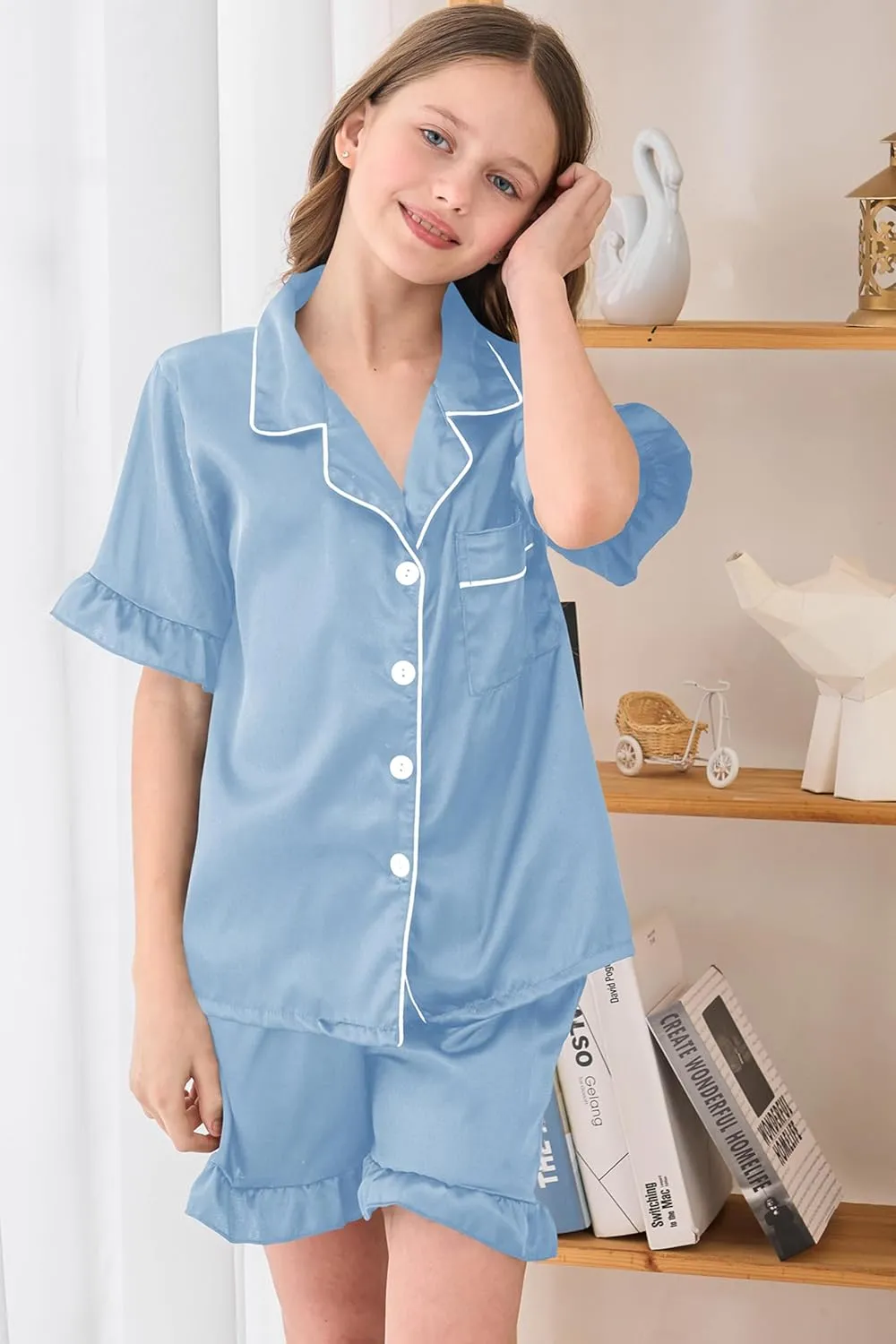 Summer Satin Pajama 2 Pieces Ruffles Sleeve Shorts Loung Sets Button Down Sleepwear for Teen Girls with Pockets