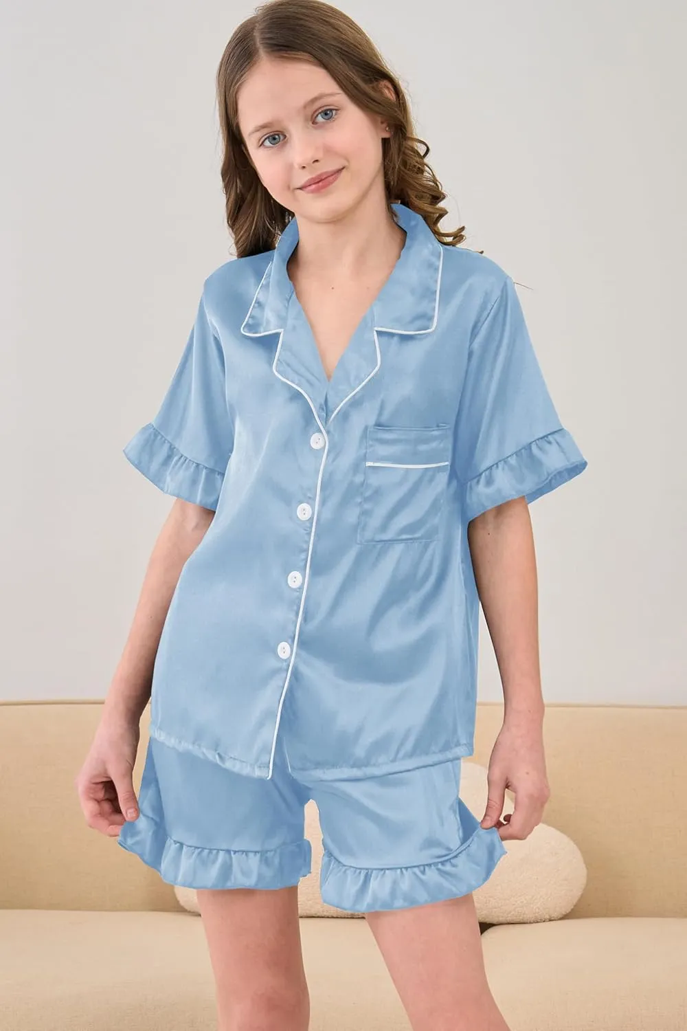 Summer Satin Pajama 2 Pieces Ruffles Sleeve Shorts Loung Sets Button Down Sleepwear for Teen Girls with Pockets