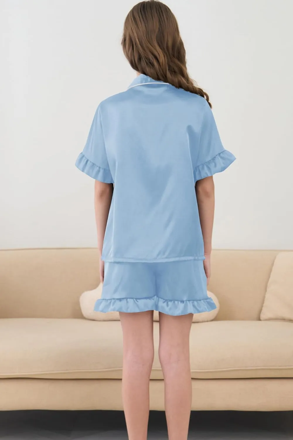 Summer Satin Pajama 2 Pieces Ruffles Sleeve Shorts Loung Sets Button Down Sleepwear for Teen Girls with Pockets