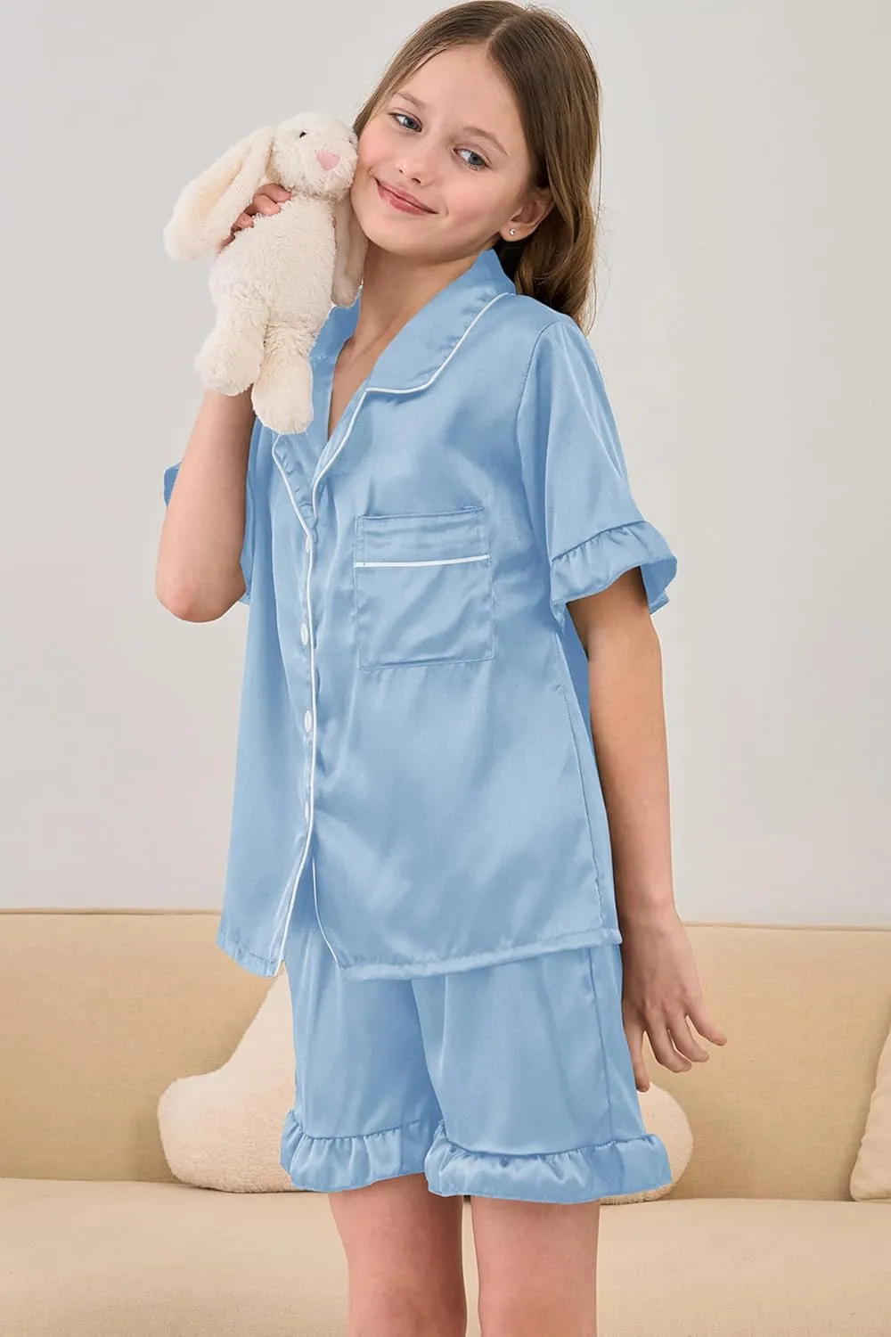 Summer Satin Pajama 2 Pieces Ruffles Sleeve Shorts Loung Sets Button Down Sleepwear for Teen Girls with Pockets