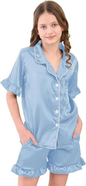 Summer Satin Pajama 2 Pieces Ruffles Sleeve Shorts Loung Sets Button Down Sleepwear for Teen Girls with Pockets