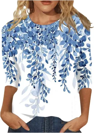 Summer Shirts for Women 3/4 Length Sleeve Crewneck Tops Trendy Loose Casual Printed Three Quarter Cute Blouse