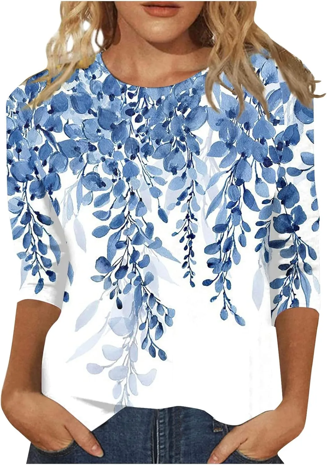 Summer Shirts for Women 3/4 Length Sleeve Crewneck Tops Trendy Loose Casual Printed Three Quarter Cute Blouse