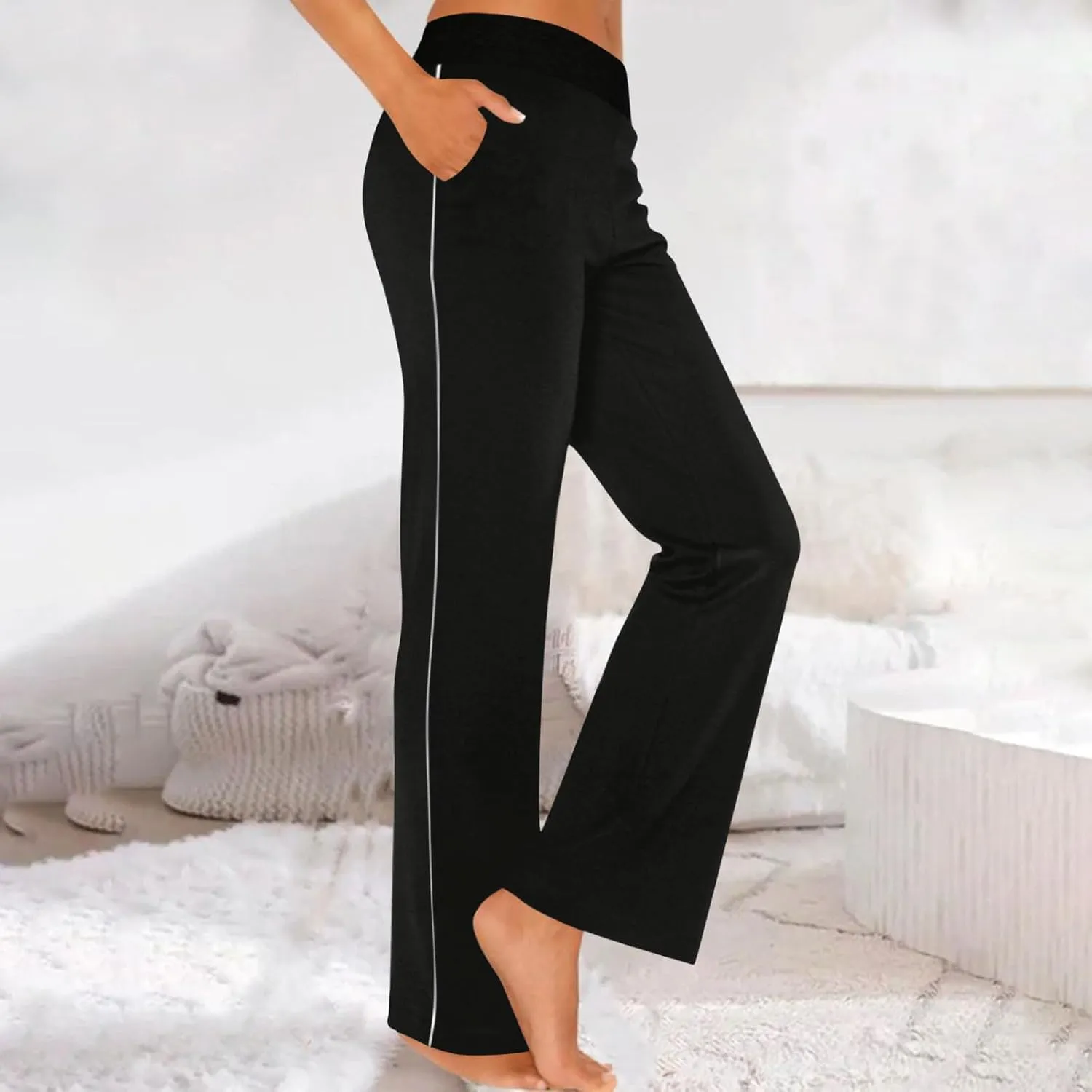 Summer Sports Pants Solid Color Layered Contrast Stretchy Casual Pants Workout Wide Straight Leg Trousers