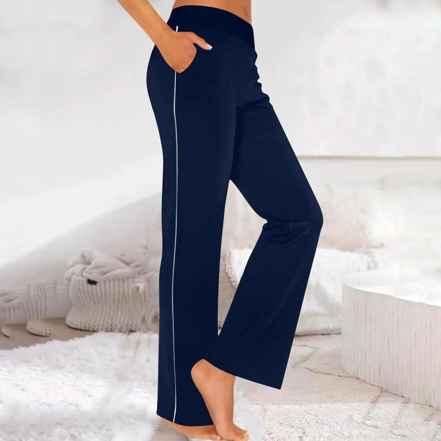 Summer Sports Pants Solid Color Layered Contrast Stretchy Casual Pants Workout Wide Straight Leg Trousers