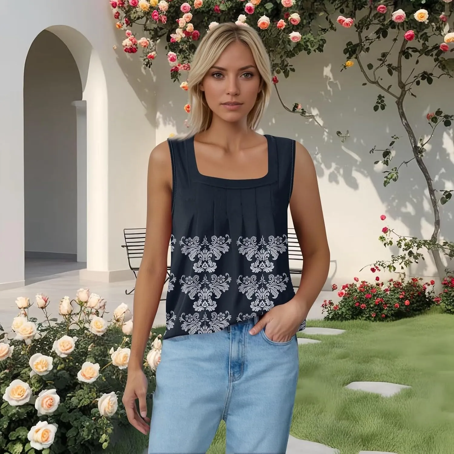 Summer Tank Tops for Women Sleeveless Square Neck Tops Comfy Pleated Tanks Blouses Dressy Casual