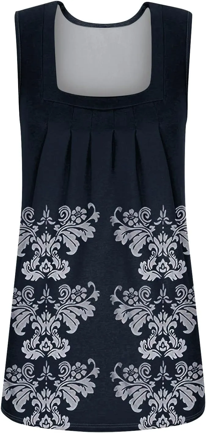 Summer Tank Tops for Women Sleeveless Square Neck Tops Comfy Pleated Tanks Blouses Dressy Casual
