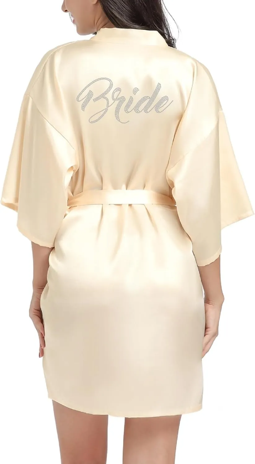 sunshinemall Women's Satin Kimono Robes with Rhinestones Bride Bridesmaid Short Getting Ready Wedding Dressing Gown