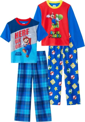 SUPER MARIO Boys Pajamas for Kids | 4 Piece Sleepwear Sets for Boys Sleep Shirts and Pajama Bottoms for Big Boy and Toddlers