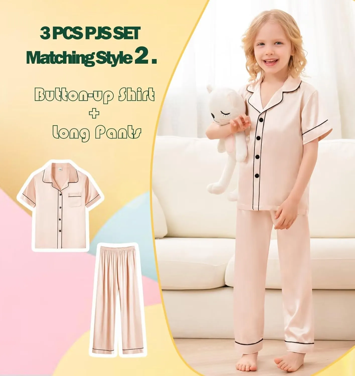 SWOMOG Kids Satin Pajamas Set 3 PCS Girls Boys Silk Sleepwear Short Sleeve Nightwear Long Pant Pjs Loungewear