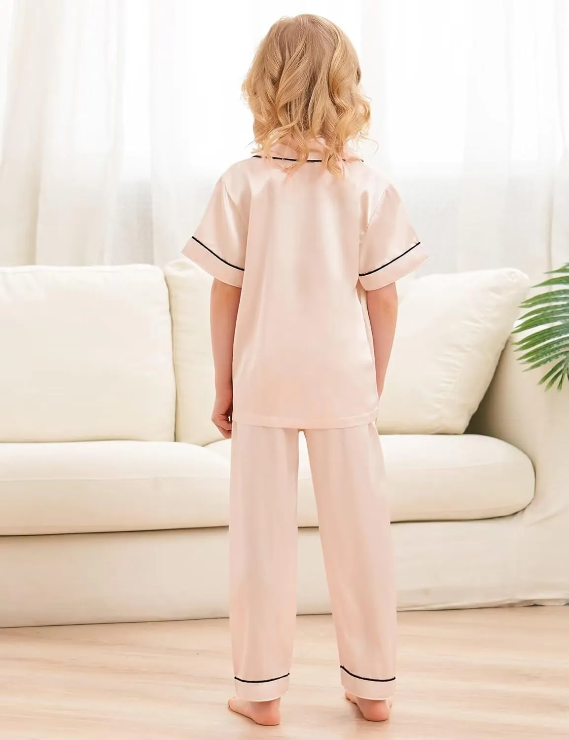 SWOMOG Kids Satin Pajamas Set 3 PCS Girls Boys Silk Sleepwear Short Sleeve Nightwear Long Pant Pjs Loungewear