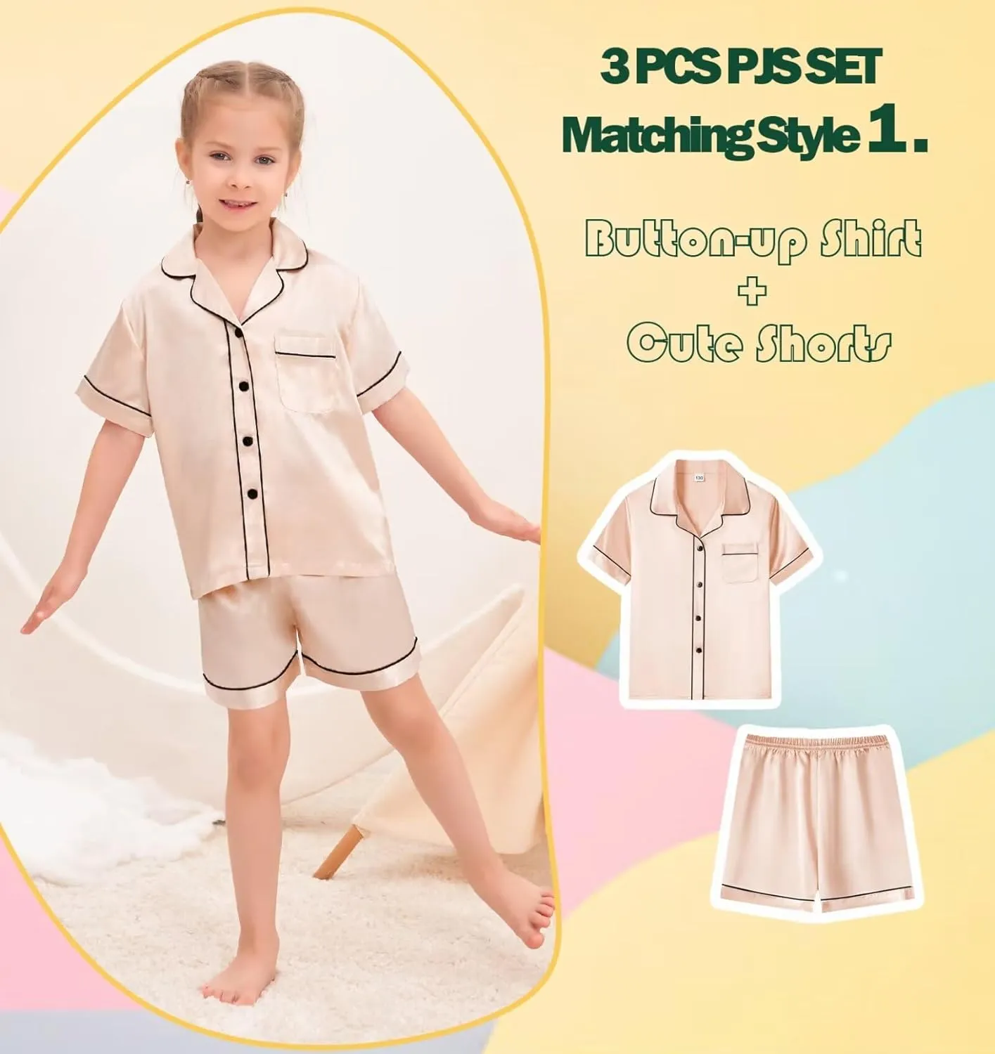SWOMOG Kids Satin Pajamas Set 3 PCS Girls Boys Silk Sleepwear Short Sleeve Nightwear Long Pant Pjs Loungewear