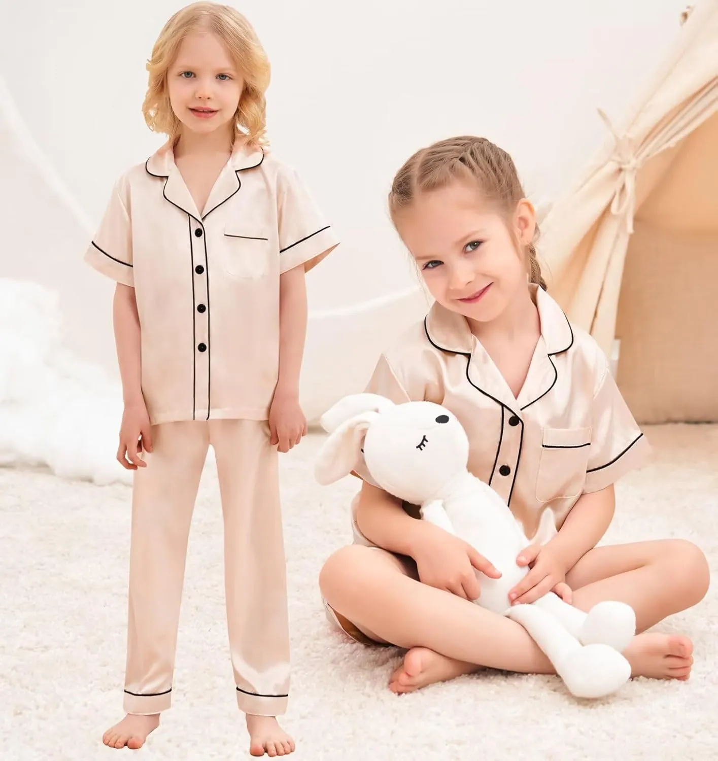 SWOMOG Kids Satin Pajamas Set 3 PCS Girls Boys Silk Sleepwear Short Sleeve Nightwear Long Pant Pjs Loungewear