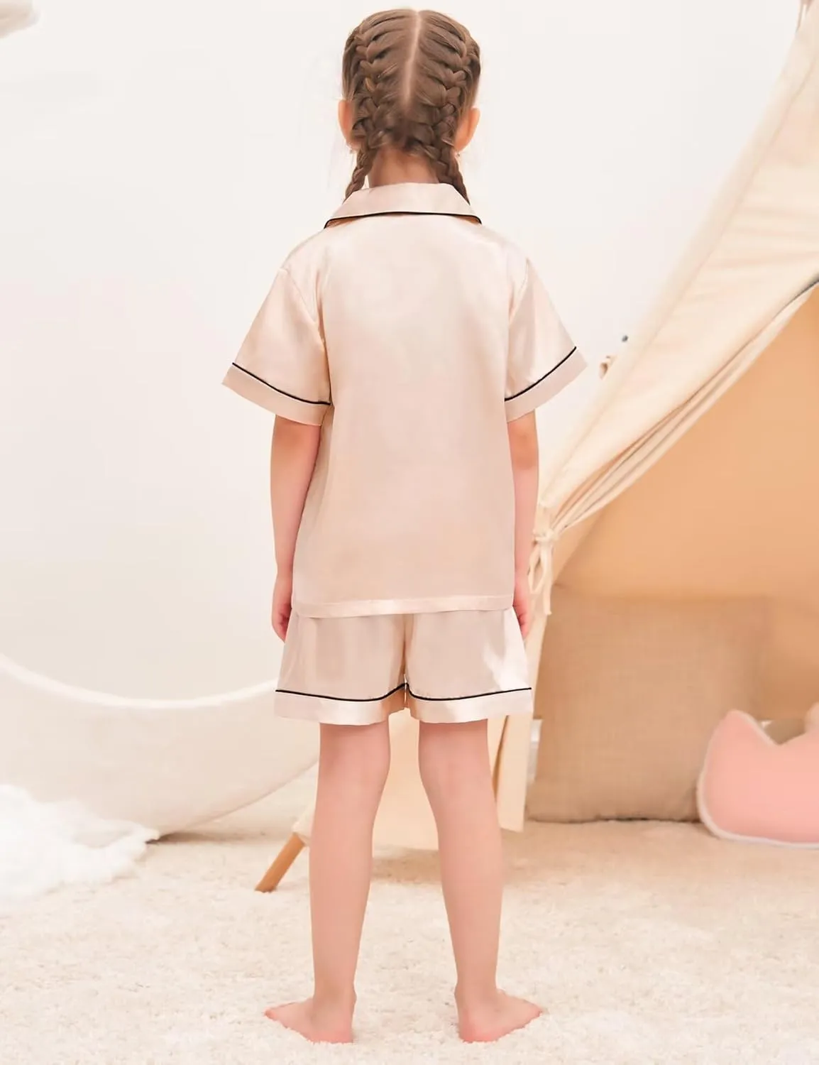 SWOMOG Kids Satin Pajamas Set 3 PCS Girls Boys Silk Sleepwear Short Sleeve Nightwear Long Pant Pjs Loungewear