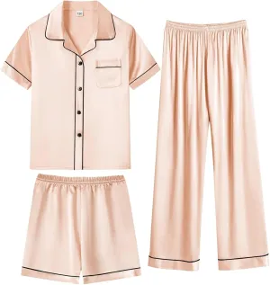 SWOMOG Kids Satin Pajamas Set 3 PCS Girls Boys Silk Sleepwear Short Sleeve Nightwear Long Pant Pjs Loungewear