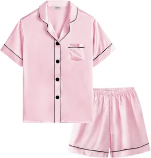 SWOMOG Kids Silky Satin Pajamas Set Girls Boys Button-Down Sleepwear Short Sleeve 2 Piece PJs Sets Lounge Sets