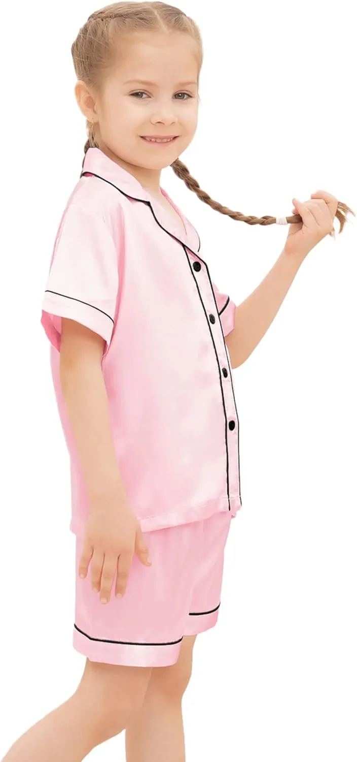 SWOMOG Kids Silky Satin Pajamas Set Girls Boys Button-Down Sleepwear Short Sleeve 2 Piece PJs Sets Lounge Sets