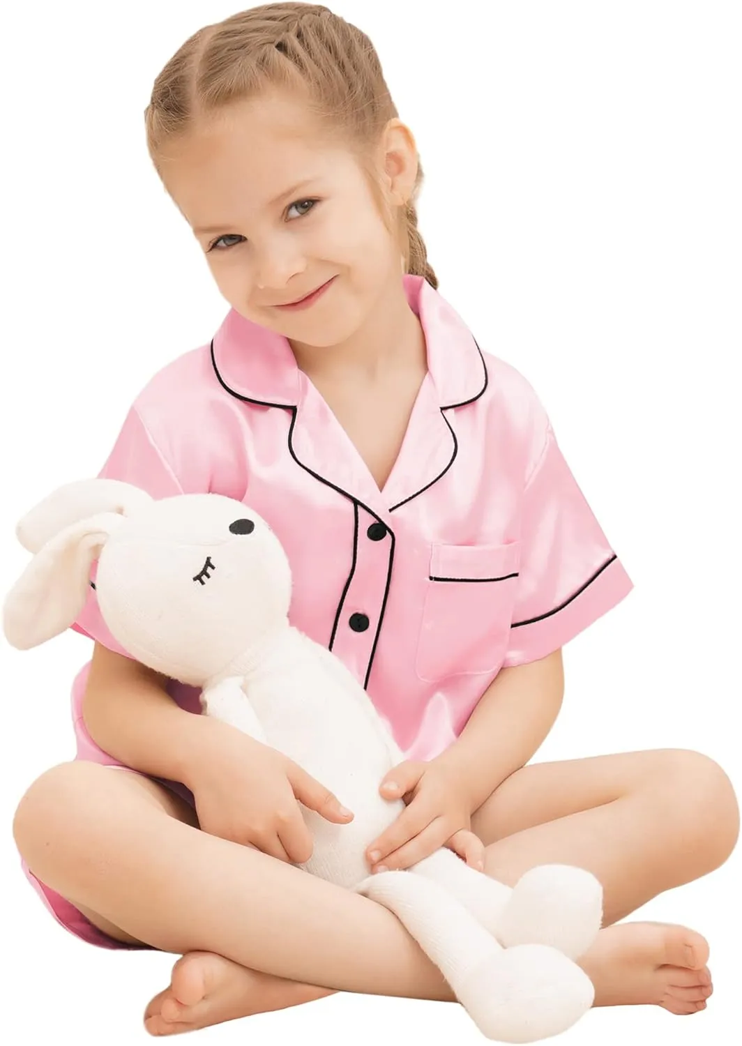 SWOMOG Kids Silky Satin Pajamas Set Girls Boys Button-Down Sleepwear Short Sleeve 2 Piece PJs Sets Lounge Sets