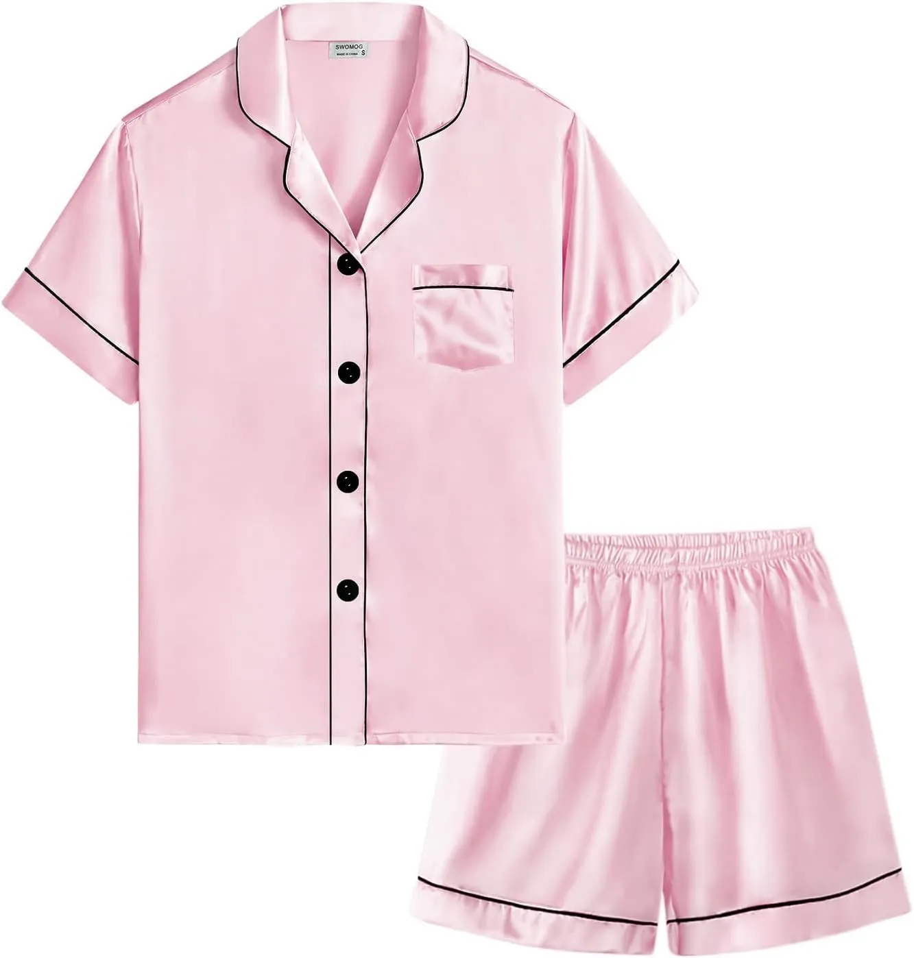 SWOMOG Kids Silky Satin Pajamas Set Girls Boys Button-Down Sleepwear Short Sleeve 2 Piece PJs Sets Lounge Sets