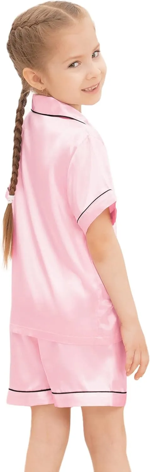 SWOMOG Kids Silky Satin Pajamas Set Girls Boys Button-Down Sleepwear Short Sleeve 2 Piece PJs Sets Lounge Sets