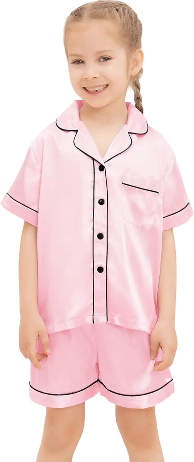 SWOMOG Kids Silky Satin Pajamas Set Girls Boys Button-Down Sleepwear Short Sleeve 2 Piece PJs Sets Lounge Sets