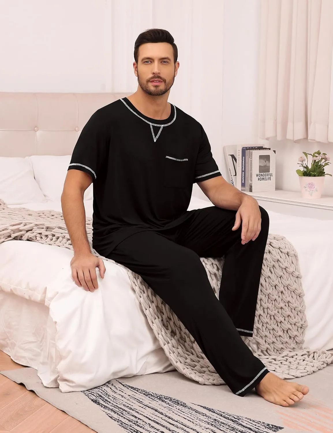 SWOMOG Mens Pajamas Set Modal Short Sleeve Sleepwear Crew Neck Pjs 2 Piece Loungewear Nightshirt Top & Pants with Pockets