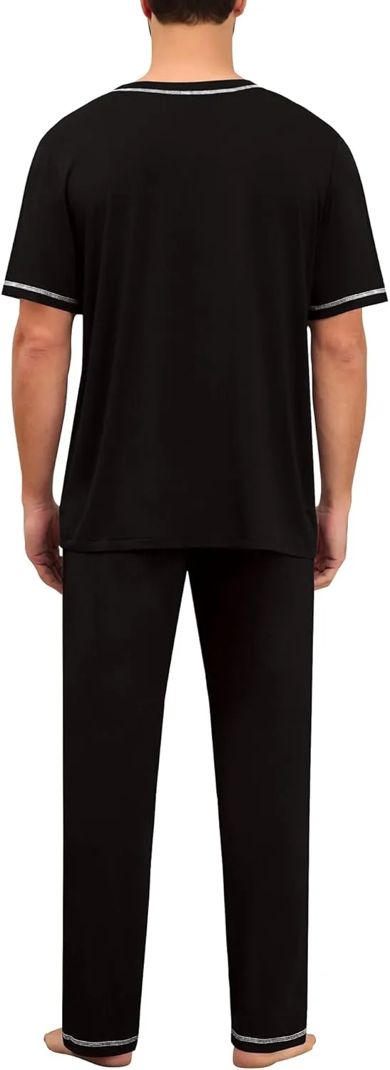 SWOMOG Mens Pajamas Set Modal Short Sleeve Sleepwear Crew Neck Pjs 2 Piece Loungewear Nightshirt Top & Pants with Pockets