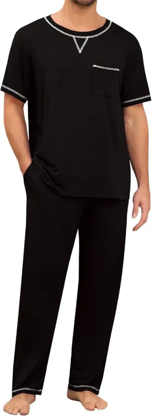 SWOMOG Mens Pajamas Set Modal Short Sleeve Sleepwear Crew Neck Pjs 2 Piece Loungewear Nightshirt Top & Pants with Pockets