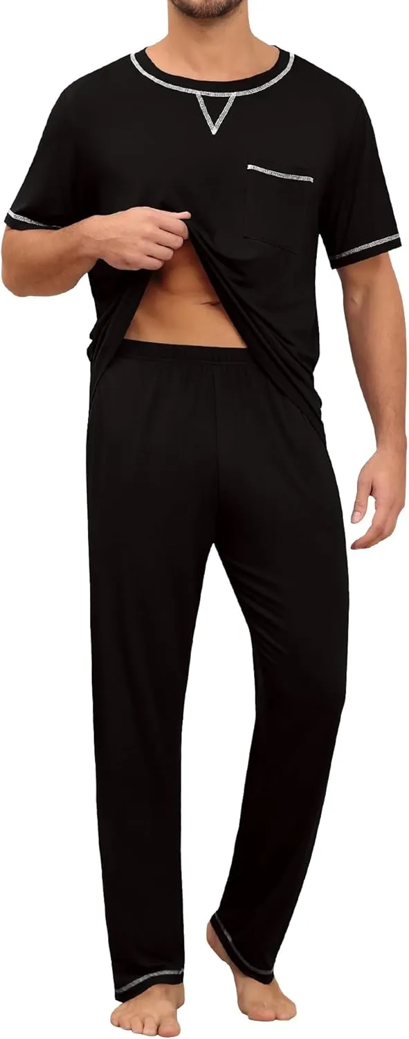 SWOMOG Mens Pajamas Set Modal Short Sleeve Sleepwear Crew Neck Pjs 2 Piece Loungewear Nightshirt Top & Pants with Pockets