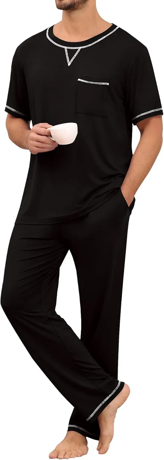 SWOMOG Mens Pajamas Set Modal Short Sleeve Sleepwear Crew Neck Pjs 2 Piece Loungewear Nightshirt Top & Pants with Pockets