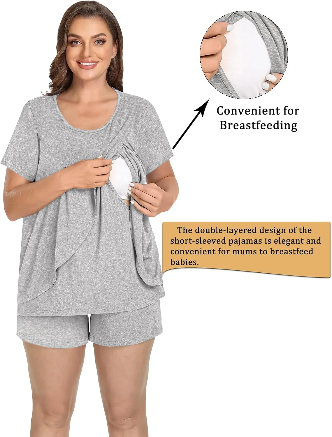 SWOMOG Women Maternity Pajamas Sets 3 Pcs Adjustable Breastfeeding Nightwear Double Layer Short Sleeve Pregnancy Pjs Set