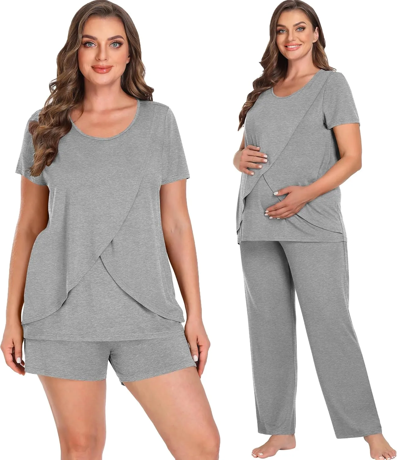 SWOMOG Women Maternity Pajamas Sets 3 Pcs Adjustable Breastfeeding Nightwear Double Layer Short Sleeve Pregnancy Pjs Set