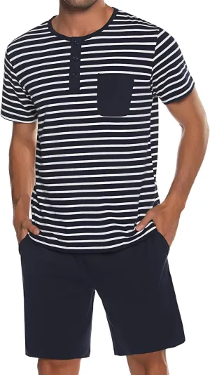 Sykooria Men's Pajama Sets Cotton Loungewear Pjs Shorts Sets 2 Piece Short Sleeve Sleepwear With Pockets