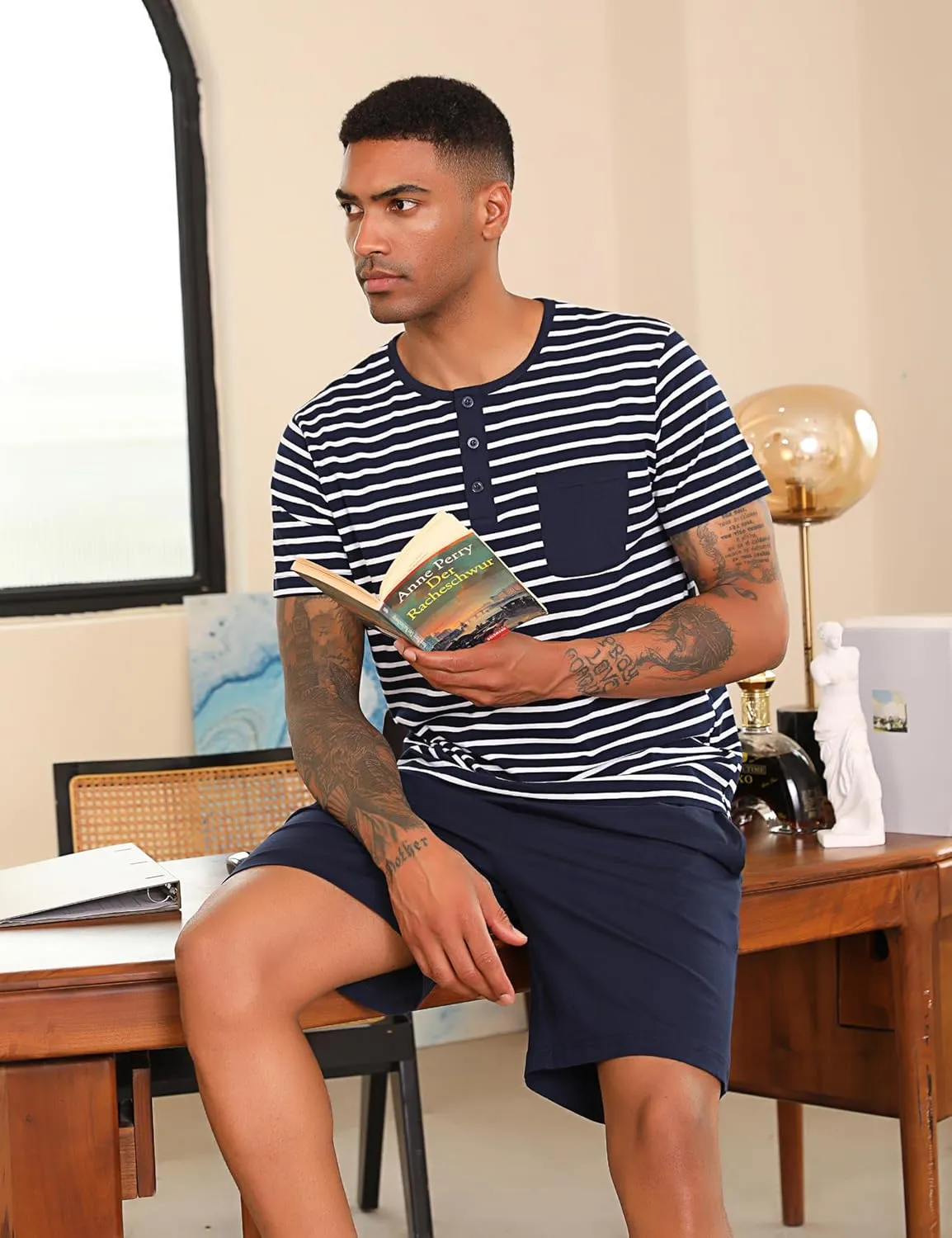 Sykooria Men's Pajama Sets Cotton Loungewear Pjs Shorts Sets 2 Piece Short Sleeve Sleepwear With Pockets