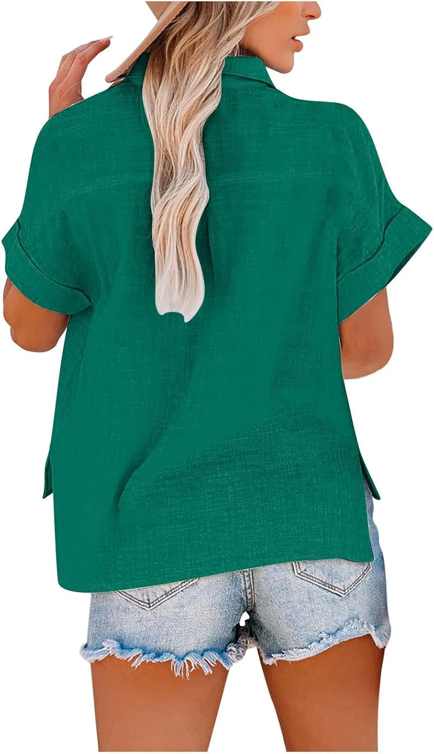 TANGNADE Oversized Linen Button Down Women Short Sleeve Shirts Collared Plus Size Boyfriend Loose Blouse with Front Pocket