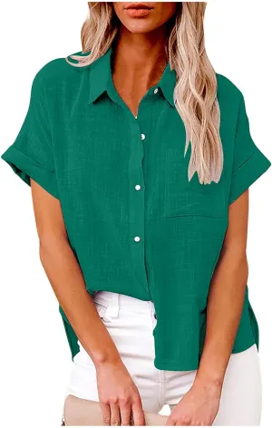TANGNADE Oversized Linen Button Down Women Short Sleeve Shirts Collared Plus Size Boyfriend Loose Blouse with Front Pocket