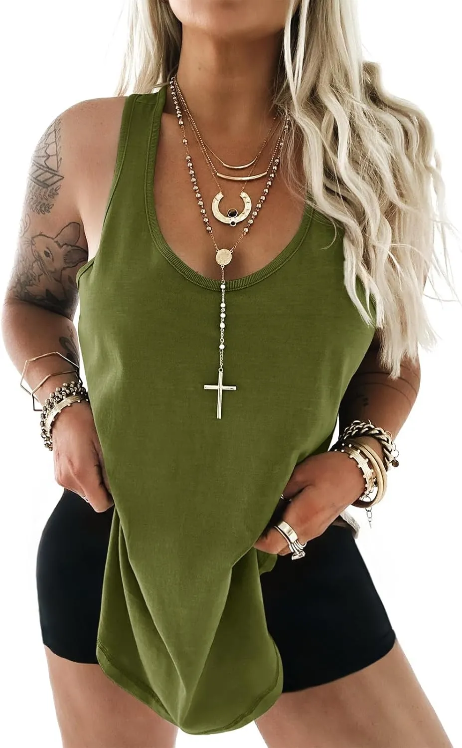 Tankaneo Womens Oversized Long Tank Tops Scoop Neck Side Slit Sleeveless Cotton Shirts Summer Casual Racerback Tees