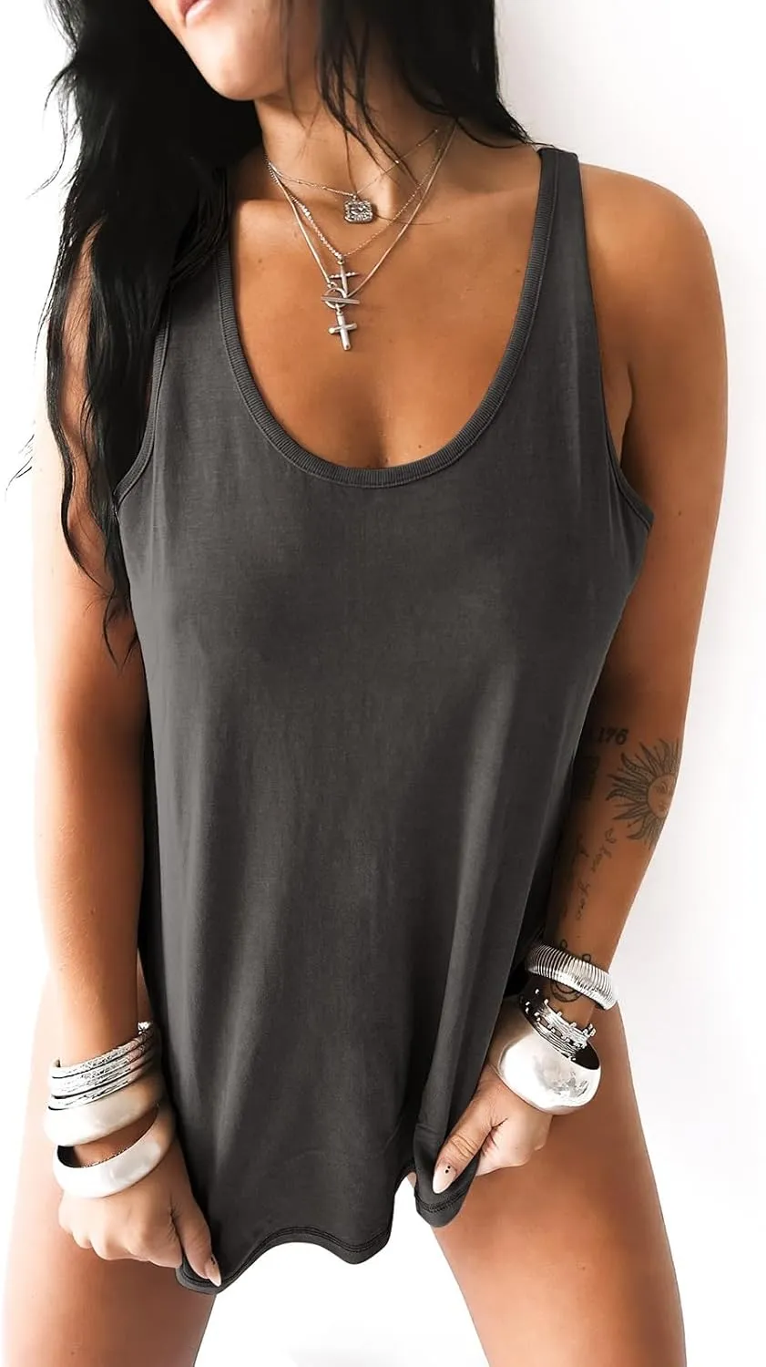 Tankaneo Womens Oversized Long Tank Tops Scoop Neck Side Slit Sleeveless Cotton Shirts Summer Casual Racerback Tees