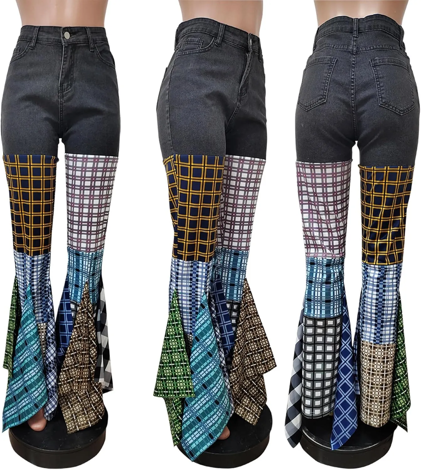 Tcremisa Flare Jeans for Women Stretch High Waisted Plaid Bell Bottoms Patchwork Denim Pants